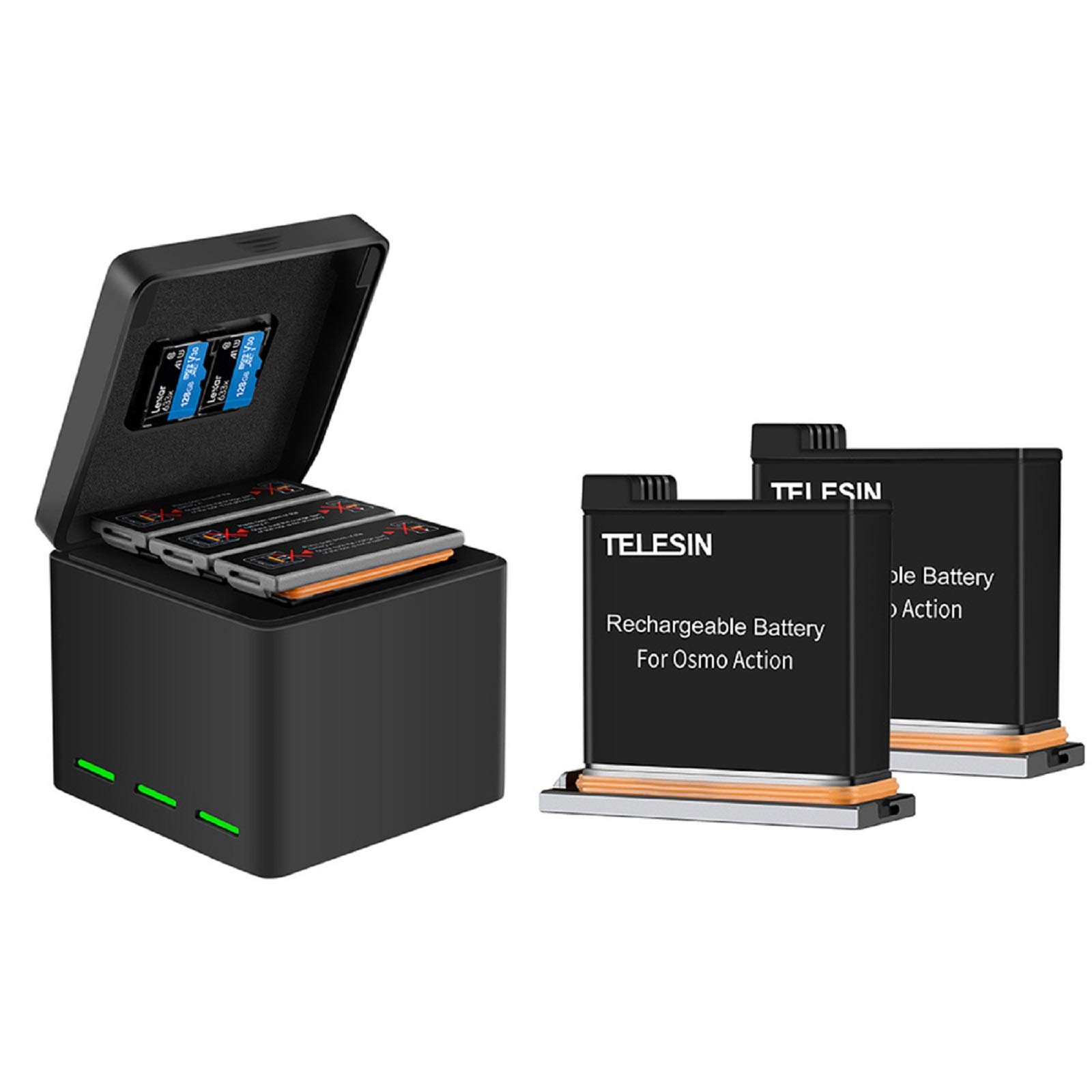TELESIN Battery Charger for DJI OSMO Action Camera,2 Pack Replacement Battery+3-Channel Storage Charger Case with TF Card+Type-C for OSMO Action Camera Accessories,Compatible with Original Batteries