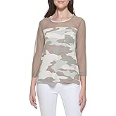 DKNY Womens Camo Chest Pocket Sheer Sportswear Top
