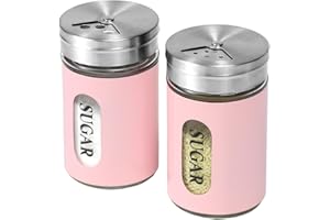 STJKBDFC Sugar Shaker Duster Stainless Steel and Glass Set with Adjustable Pour Holes Cinnamon Shaker For Coffee Bar,set of 2 (Pink)