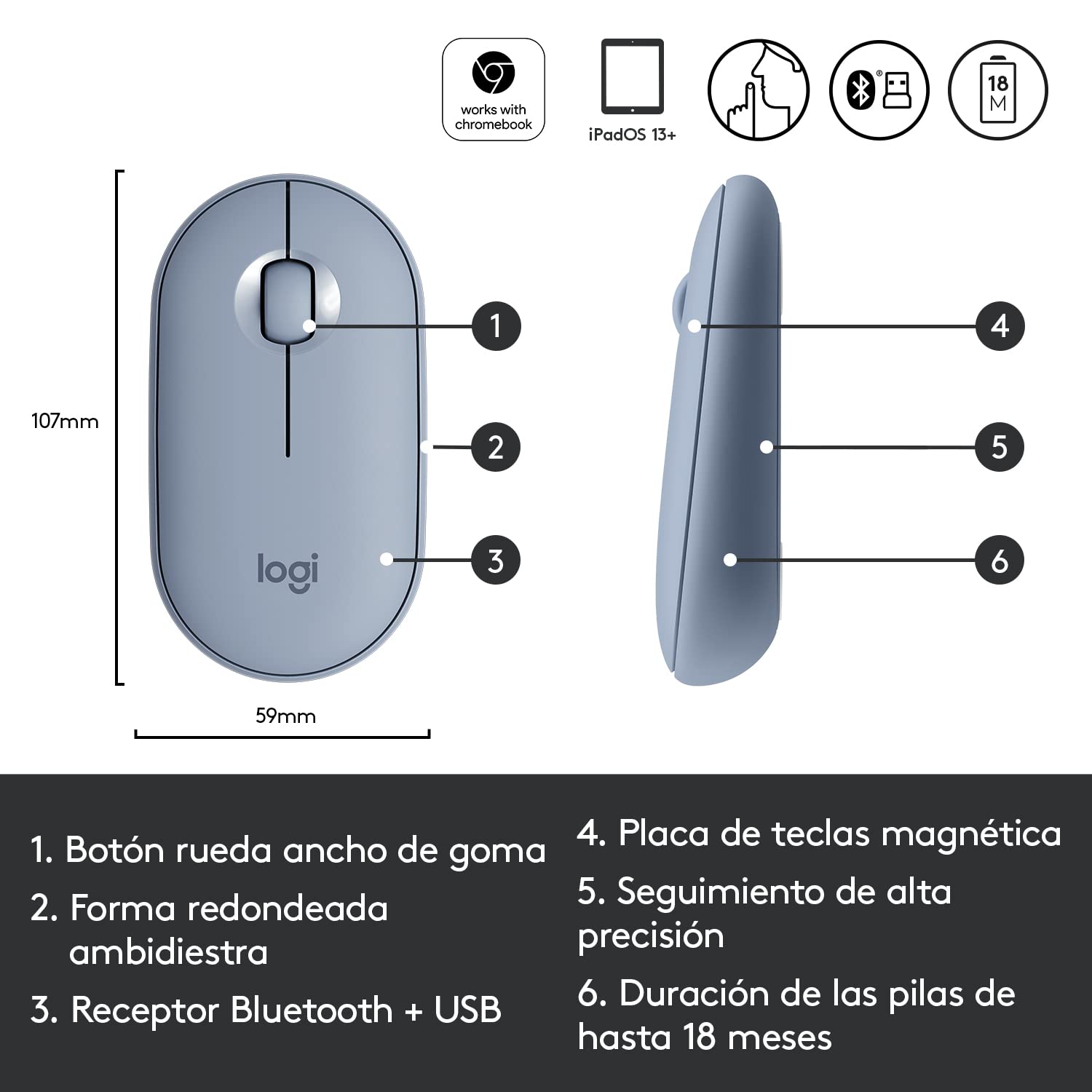 Logitech Pebble Wireless Mouse with Bluetooth or 2.4 GHz Receiver, Silent, Slim Computer Mouse with Quiet Clicks, for Laptop/Notebook/iPad/PC/Mac/Chromebook - Blue Grey