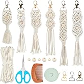 INFUNLY 6PCS Boho White Macrame Keychain Kit Adult DIY Keychain Making Kit Wood Beaded Keychains with Tassel Key Ring for Women for Key Handbags Backpacks Instructions Include