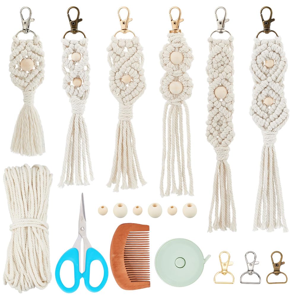 Photo 1 of INFUNLY 6PCS Boho White Macrame Keychain Kit Adult DIY Keychain Making Kit Wood Beaded Keychains with Tassel Key Ring for Women for Key Handbags Backpacks Instructions Include