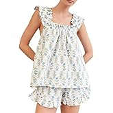 Aopwsrlyi Women's Floral Pajama Set 2 Piece Loungewear Cute Ruffle Trim Cami Tank Top and Shorts Set Matching Pjs Set