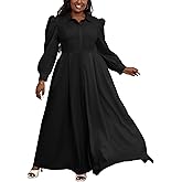 XNMHL Pleated Shirt Maxi Dress for Curvy Women Puff Long Sleeve Button Outfits with Pockets