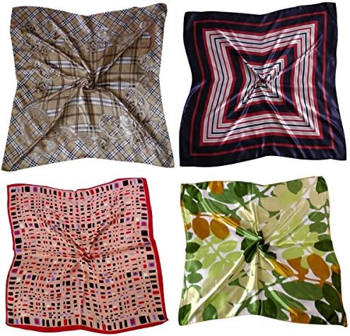 4 Scarves - Silk-like (2 Sizes - 33" and 24") Square Fashion Scarf - Natural Woman