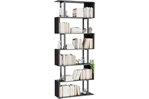 Gadroad 6 Tier Geometric Bookcase, Black Book Shelves, Modern Corner Bookcase Storage Shelf Wood for Bedroom, Living Room, Home Office, Black