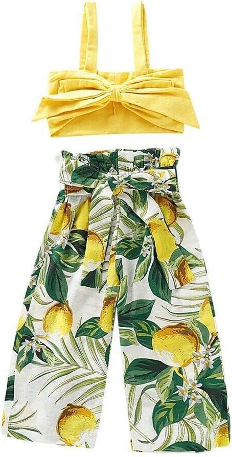 Toddler Baby Girl Floral Lemon Pants Set Kid Summer Bowknot Crop Tops High Waist Wide Leg Trouser Outfit Clothes