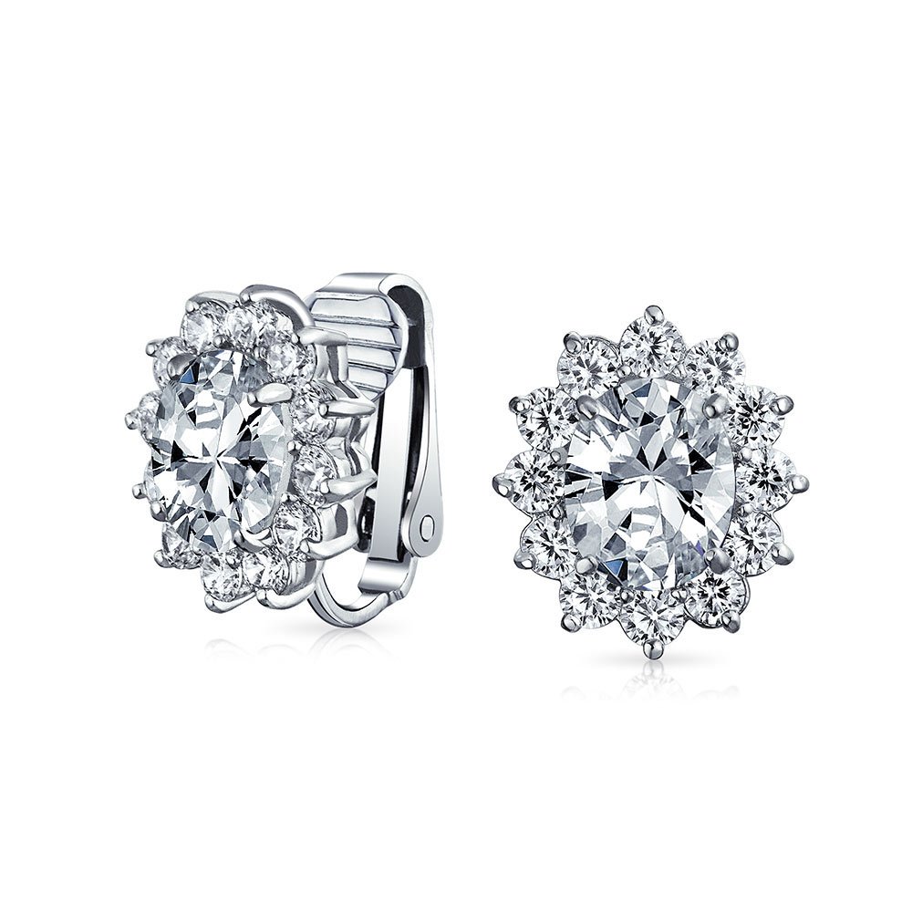 Fashion Formal Holiday Party Bridal Oval Clear Cubic Zirconia Halo Crown AAA CZ Stud Clip On Earrings For Women Wedding Non Pierced Ear Silver Plated — image 1