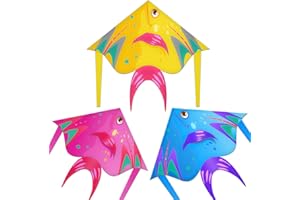XENTUMI Fish Kite 3 Pack with String, Kites for Kids & Adults, Easy to Fly and Assemble, Beach Kite for Kids 4-8 8-12 Kites for Beginner Girls and Boys Delta Kites for Toddlers Age 3-5
