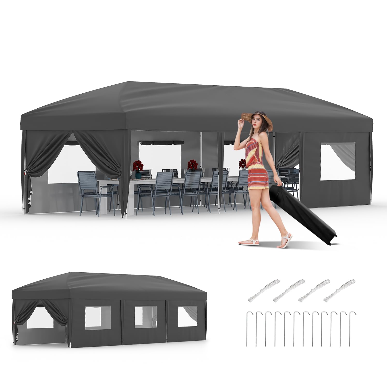 View 1 of 10x30 Pop Up Canopy with 8 SideWalls - Heavy Duty Outdoor Canopy Tent with Portable Roller Bag - 3 Adjustable Height, 4 Weight Bags, 8 Stakes & 6 Guy Ropes Included-Grey