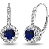 Sterling Silver Birthstone Earrings - Round Halo Drop Huggie Dainty Earrings for Women