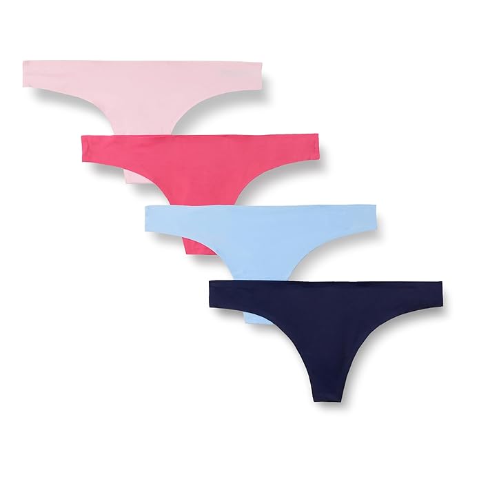 Amazon Essentials Women's Seamless Breathable Underwear for Women Thong, Bonded Stretch, Pack of 4, Blue/Pink, Small