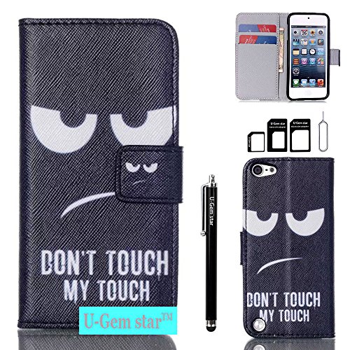 iPod Touch 6 Case, iPod Touch 5 Wallet Case, U-Gem star PU Leather Wallet Cover Case for Apple iPod Touch 5 Or iPod Touch 6, with SIM Card Adapter Kit+Screen Protector+Black Stylus (Angry face)