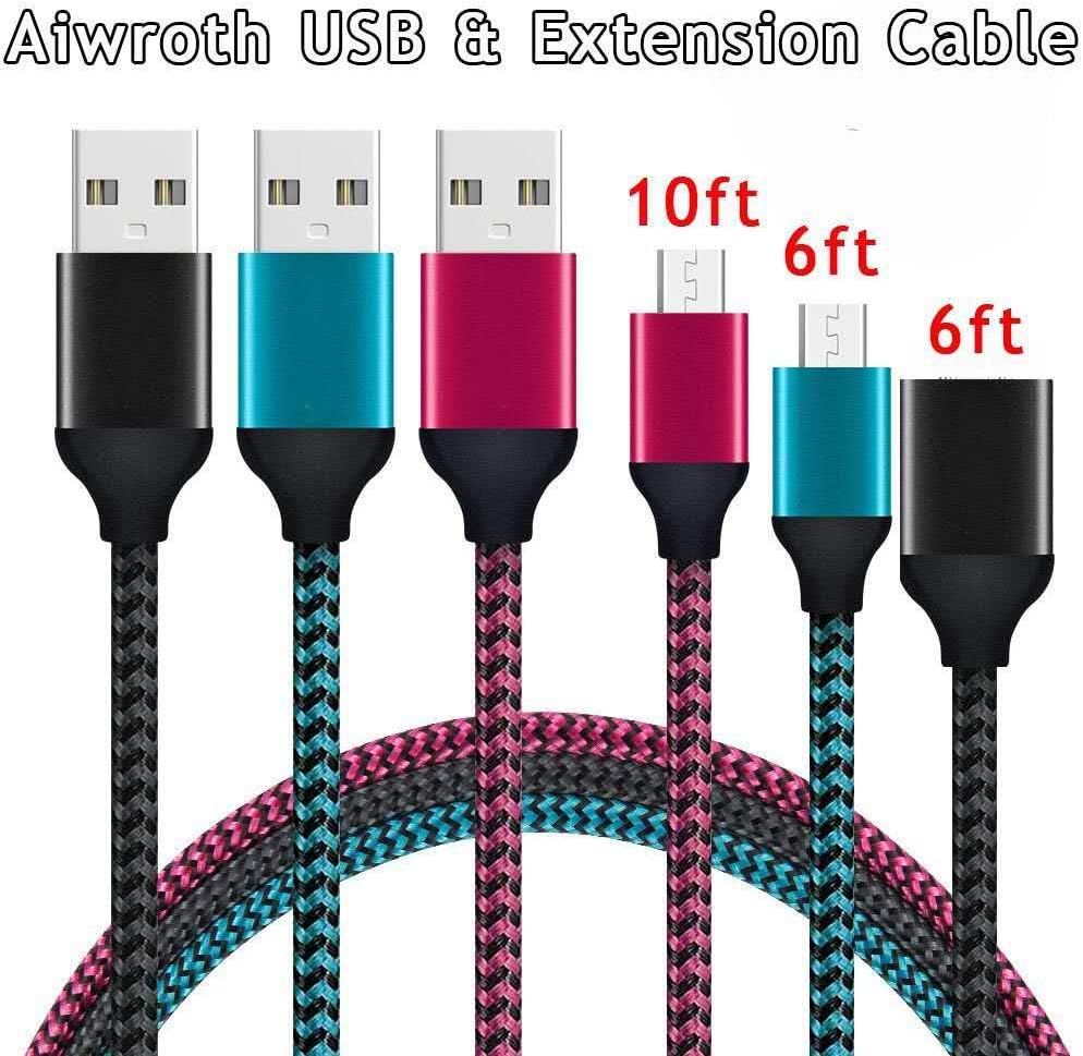 USB Cable by Aiworth, 10Ft Micro USB Cable, 6Ft Micro USB Cable and 6Ft USB Extension Cable, Nylon Braided Fast Sync and Charging Cord for Samsung, HTC, Motorola, Nokia, Kindle, MP3