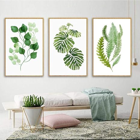 Amazon Co Jp リビングルームの絵画現代グリーンナチュラル葉キャンバス絵画北欧壁アート写真ポスタープリント用キッチンリビングルームホームオフィスの装飾 40x60cmx3非フレーム Home Kitchen
