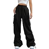 BEAUDRM Women's Baggy Parachute Cargo Pants Drawstring Waist Ruched Wide Leg Track Pants with Pockets Streetwear