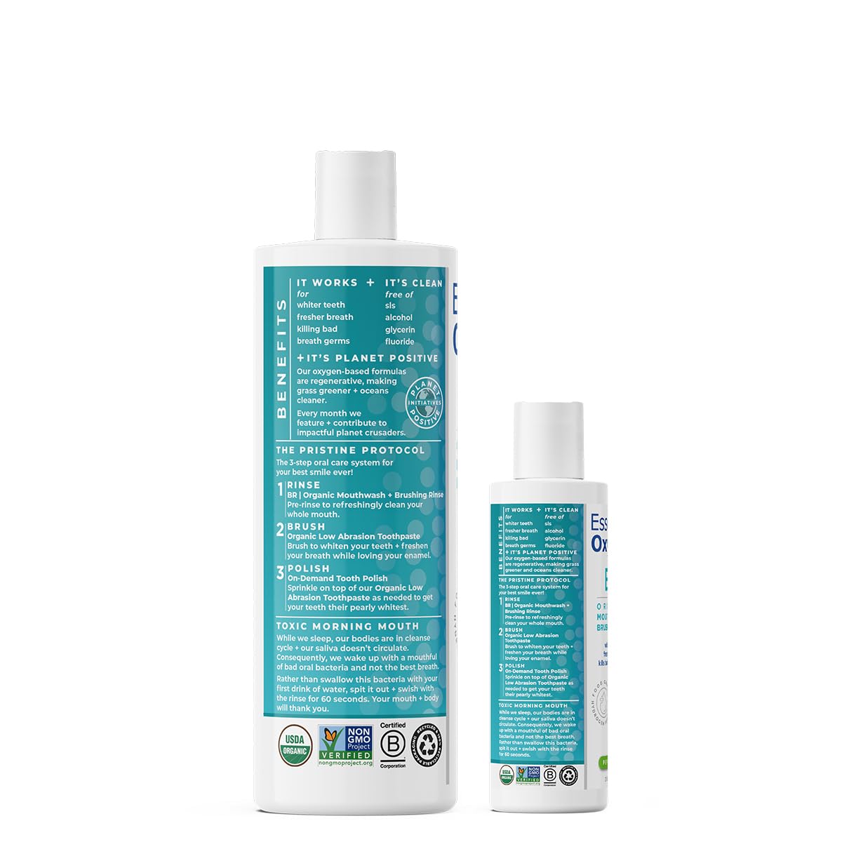 Essential Oxygen, Certified Organic Brushing Rinse, Combo, Peppermint, All Natural mouthwash, Dentist Recommended, Alcohol-Free Oral Care, 1 - 3 fl oz bottle and 1 - 16 fl oz bottle, BR (Pack of 2)