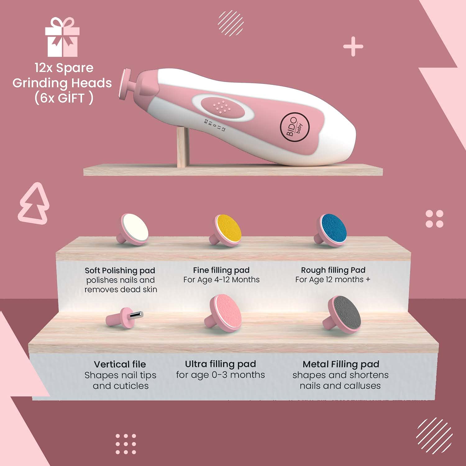 BİDO Baby Nail Trimmer File Electric-Safe Baby Nail Clippers,Manicure Kit for Newborn Toddler and Kids,12 Grinding Heads and LED Light, Pink or Blue (Pink)