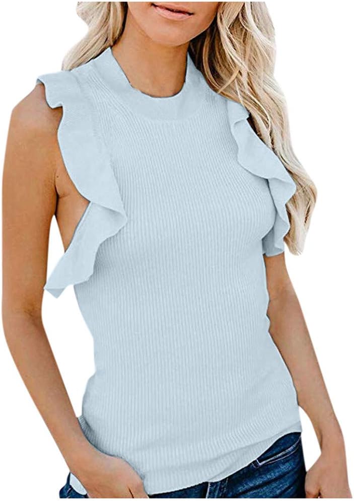 Yxiudeyyr Women Round Neck Ruffle Sleeve Tank Tops Sleeveless Slim Fit Casual Elegant Beach Top Plus Size Flare Pullover