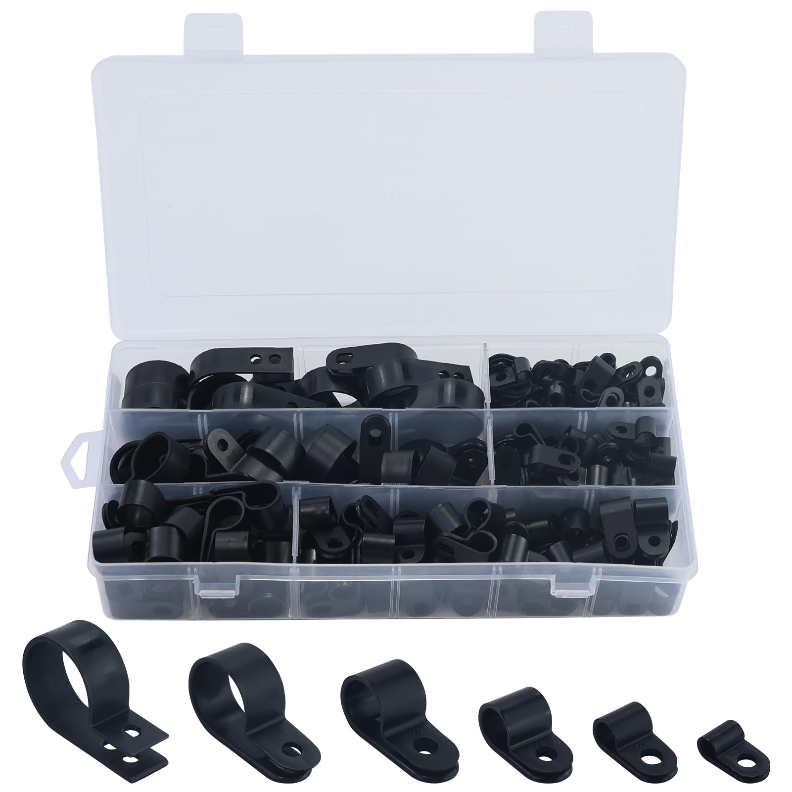 210 Pcs Cable Clips Assortment Kit, Nylon P Clips, Plastic Cable Cleats, Cable Clamp, Wire Clips, Black Cable Clips, Screw Mounting Cable Clips, Fastener for Wire, Electrical Cable, Conduit Management