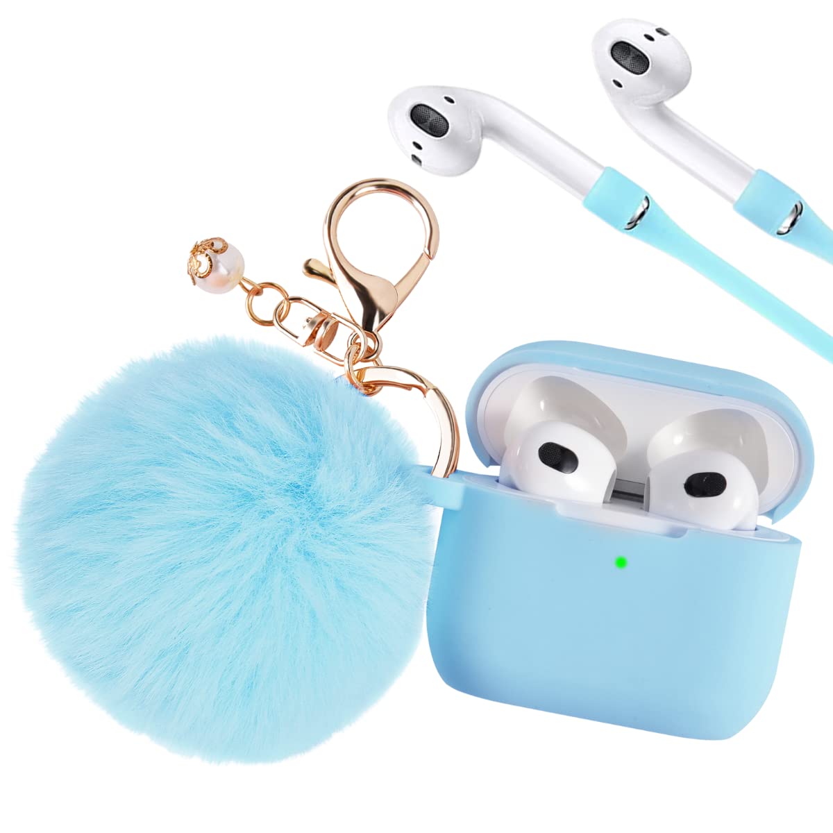 PERSONALLY YOURZ AirPod 3 Case Designer Airpods 3rd Generation Case With Fluffy Pompom 【Support Wireless Charging】Offer maximum Protection Light Weight Premium Grade Silicone - (Sky Blue)
