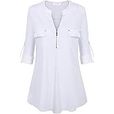 Bulotus 3/4 Length Sleeve Womens Striped Tops Zipper V Neck Collared Blouses Business Casual Tunics 2026 Spring Trendy