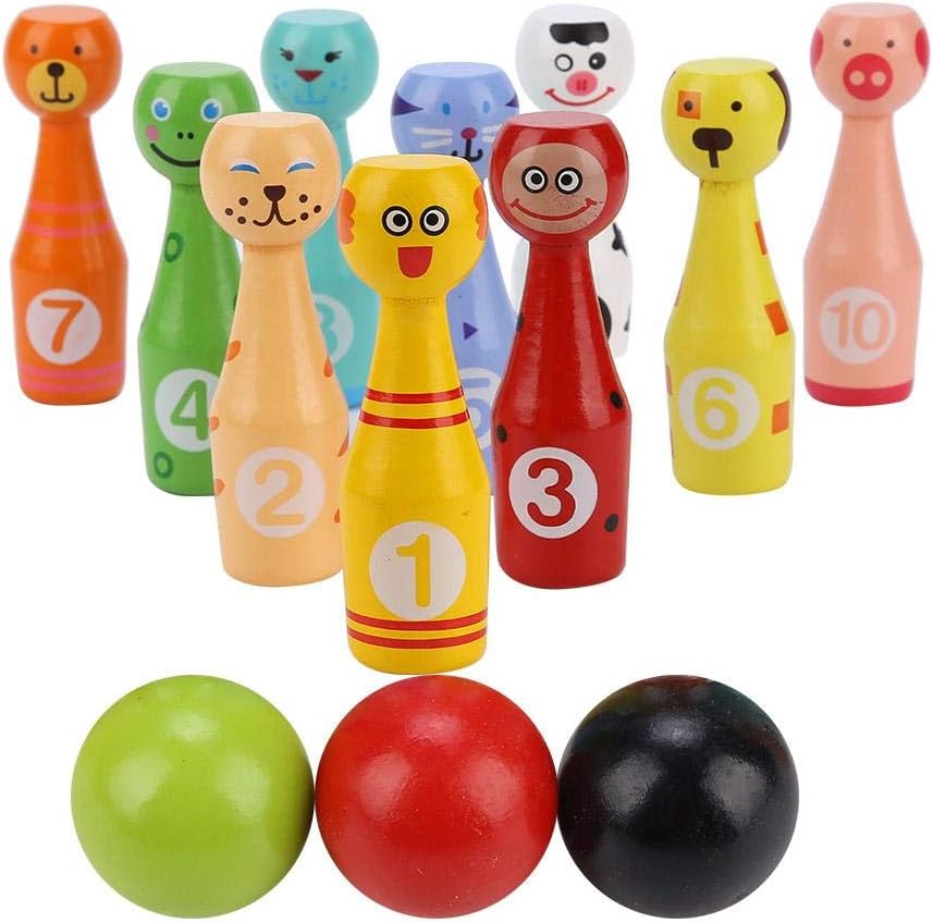 VGEBY Unisex-Kids Wooden Cartoon Animal Bowling Game Set Educational Toys 10 Bowling Bottles and 3 Bowling Balls Outdoor Toy