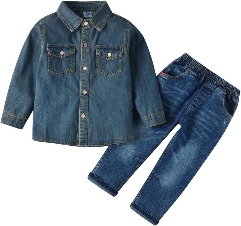 FERENYI Boys Clothes Outfits Suit Kids Long Sleeve Dennim/Plaid Shirt+Pants Jeans Toddler Boy Clothing Set