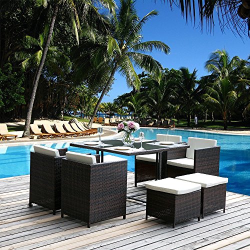 Merax 9 PCS Outdoor PE Rattan Garden Dining Set Wicker Cushioned Chair and Ottoman (Brown)