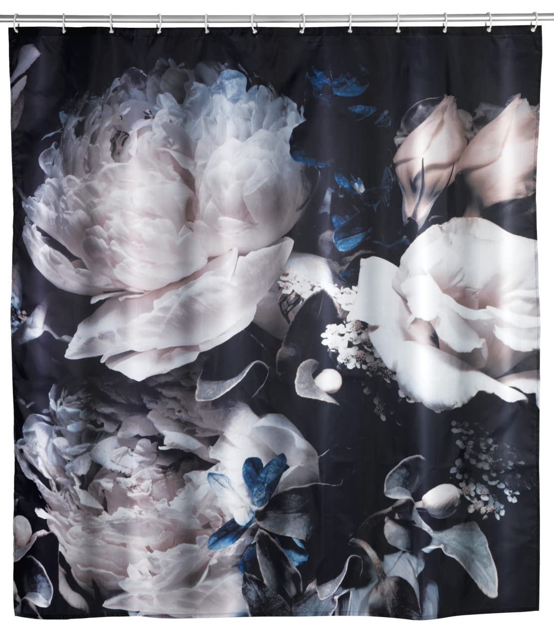 WENKO Mod. Peony Anti-Mould Shower Curtain, Textile Curtain with Anti-Mould Effect for Bathroom, Washable, Water-Repellent, with Rings for Attaching to the Shower Rail, 180 x 200 cm