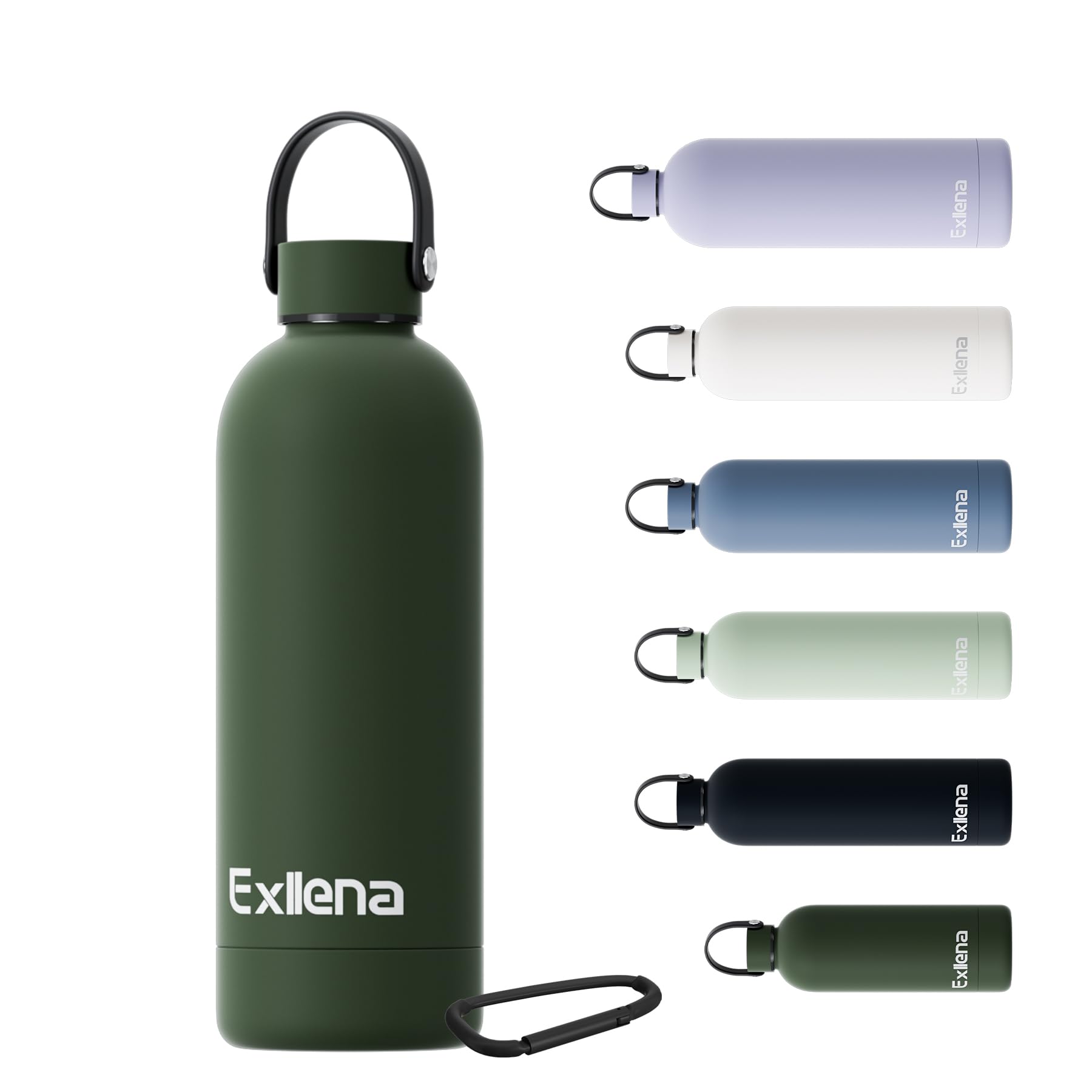 Exllena 500ml Water Bottles Metal with Handle Lid and Carabiner, Double Wall Vacuum Drinks Bottle Keeps Drinks Cold 24 Hrs/Hot 12 Hrs, Stainless Steel Water Bottle BPA Free(Pine Green)