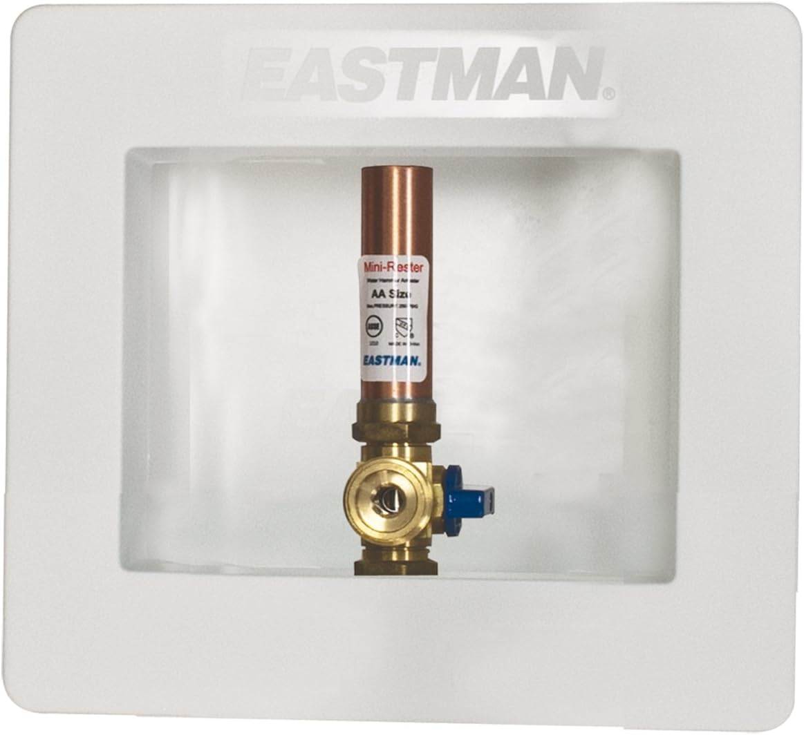 Eastman 1/2 Inch CPVC Connection Ice Maker Outlet Box with Hammer Arrestor, Quarter Turn Ball Valve, Pre-Assembled, 60240