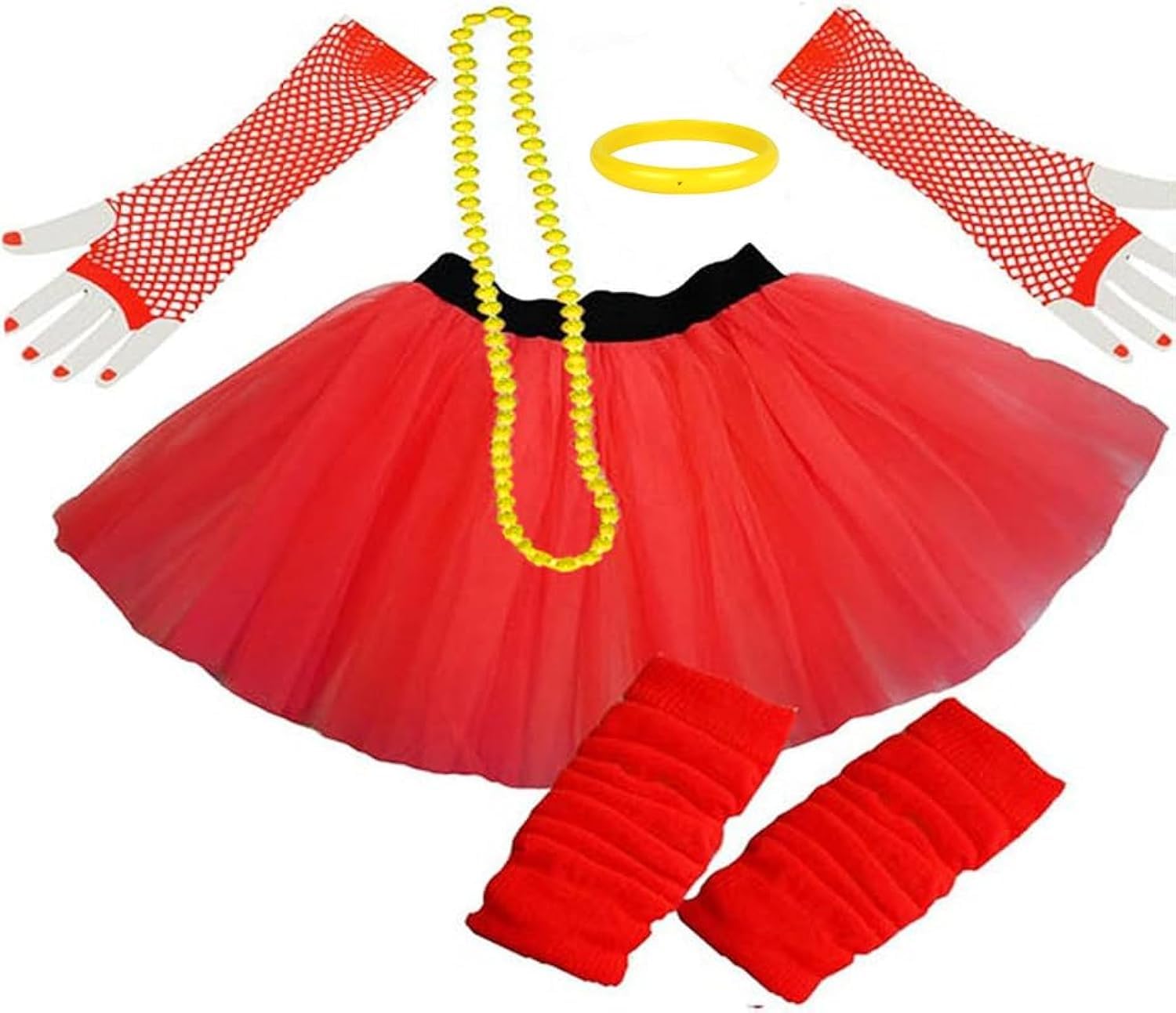 Paper Umbrella Ladies NEON TUTU SKIRT LEGWARMERS GLOVES 5 piece set (UK 8-14, RED)