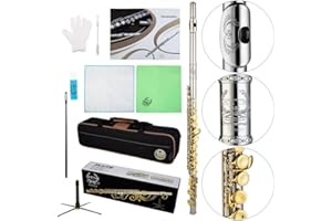 Rhythm C Flutes with Engraved Flower Closed Hole 16 Keys Flute For Student, Beginner with, Stand, Carrying Case, Cleaning Kit,Gloves, Tuning Rod, Nickel Body with Laquer keys