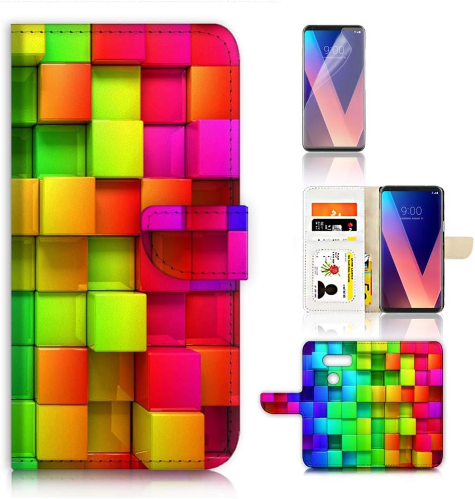 AjourTEK Flip Wallet Case Cover & Screen Protector Bundle, (For LG V40), A40316 Abstract Rainbow