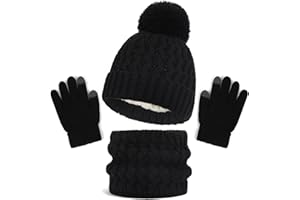 ENWOKRAN Kids Winter Beanie Hat Scarf and Touchscreen Gloves Set,Fleece Lining Beanie Hat Knit Gloves Neck Warmer for Children 2-8