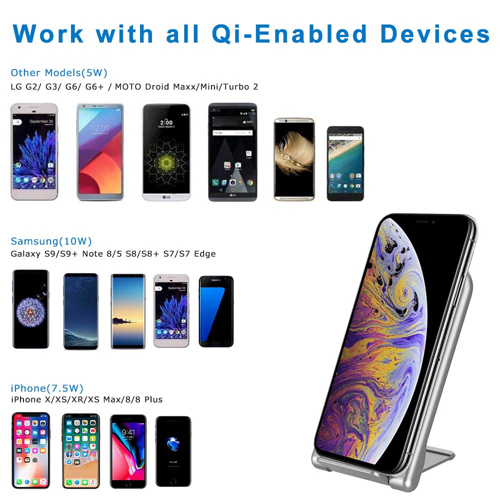 KZY Fast Wireless Charger Stand, QI Certified Wireless Charger Compatible for iPhone X/8/8+, Folding Wireless Stand Charger for Galaxy S9/S9+ S8/S8+ S7/S7 Edge, White (with QC 3.0 AC Adapter)