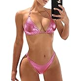 Women Metallic Bikini Swim Sexy Silver Swimsuit Triangle Top and Bottom Set