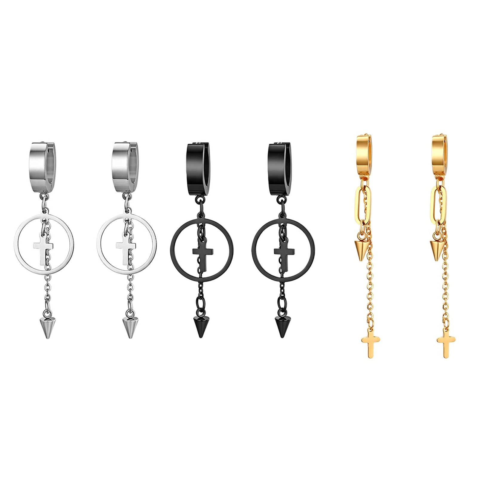 Flongo Women's Cross Earrings Creole Earrings Men's Stud Earrings Silver Black Rose Gold Blue Colourful Stud with Chain Cross Pendant Vintage Men Women 6 Pairs Set, Stainless Steel