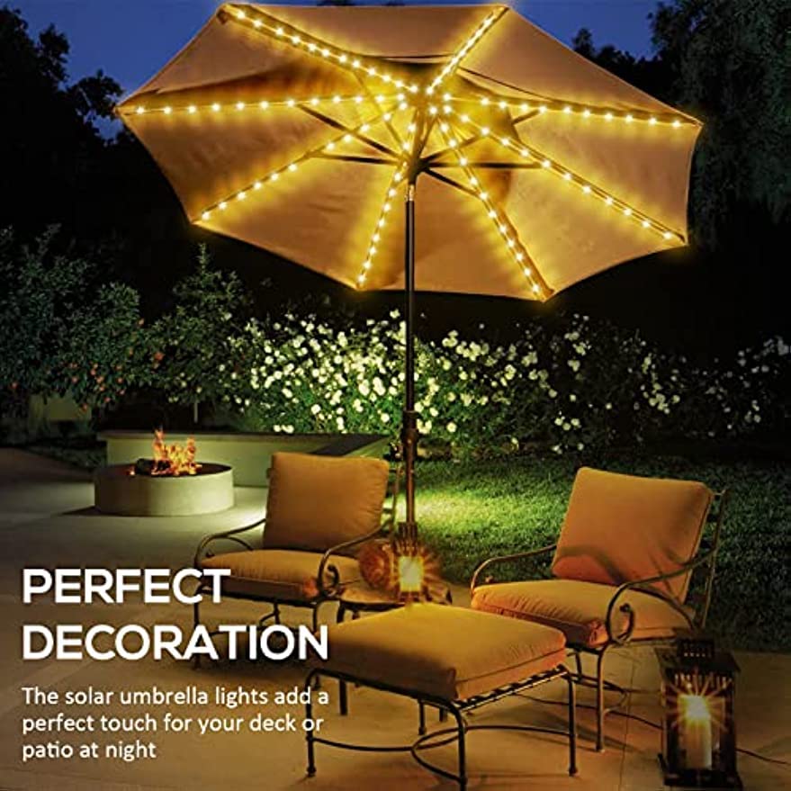 Solar Parasol Lights with Remote, Clip and Plug Stand, Garden Umbrella String Lights, Type-C Rechargeable Waterproof Umbrella Lights for Patio Garden Outdoor Decor, Warm White (1 Pack)