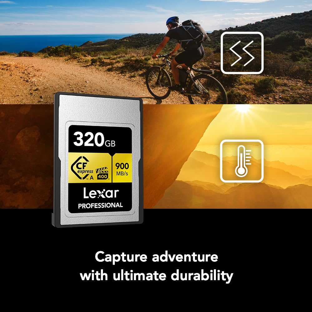 Lexar 320GB Professional CFexpress Type A GOLD Series Memory Card, Up to 900MB/s Read, Cinema-quality 8K Video, Rated VPG 400 (LCAGOLD320G-RNENG)