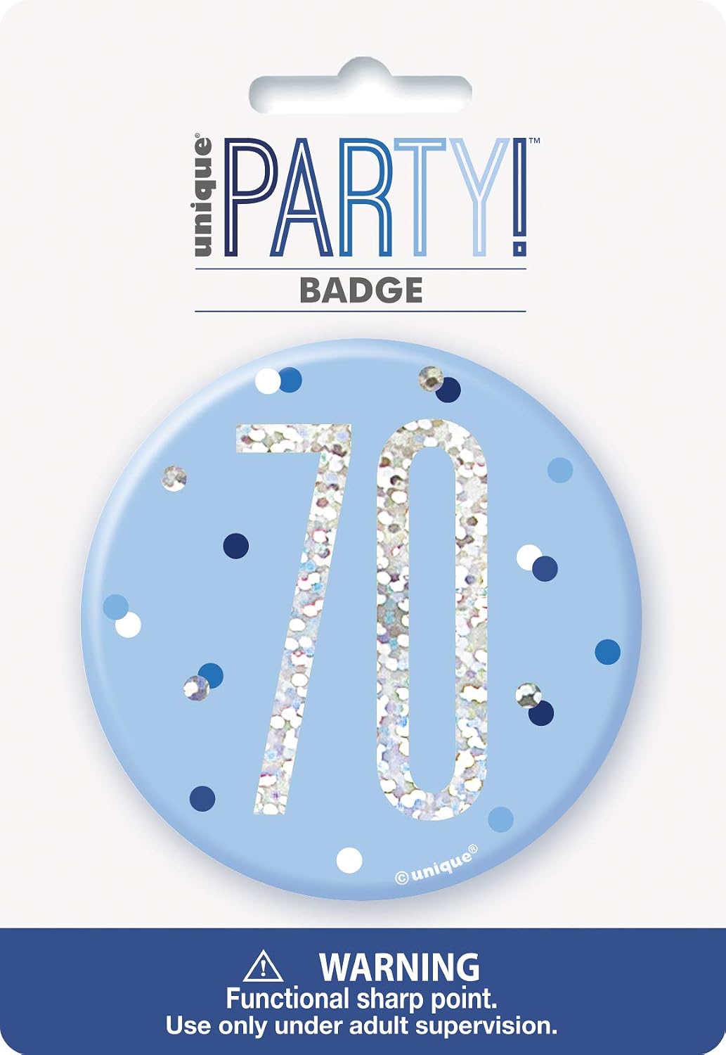Unique Party 83524-3" Glitz Blue & Silver 70th Birthday Badge, Age 70