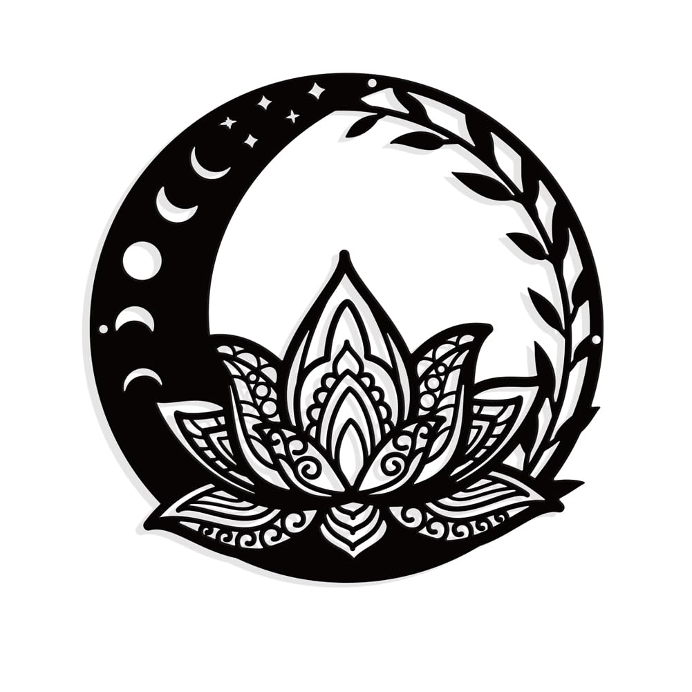 NBEADS Moon Phase Lotus Metal Wall Art Decor, Flat Round Matte Style Wall Hanging Decor Silhouette Wall Art for Home Garden Hotel Office Wall Festival Decoration Gift, 30cm