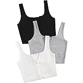 SweatyRocks Women's 3 Piece Button Ribbed Knit Crop Tank Top Scoop Neck Basic Cami Tops