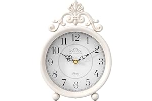 ChimeTide Vintage White Table Clock, Desk and Shelf Mantel Clock, French Rustic Antique Style Decor Clocks, for Farmhouse, Bedroom, Living Room, Bedside, Gift (9" H x 6.3" W)