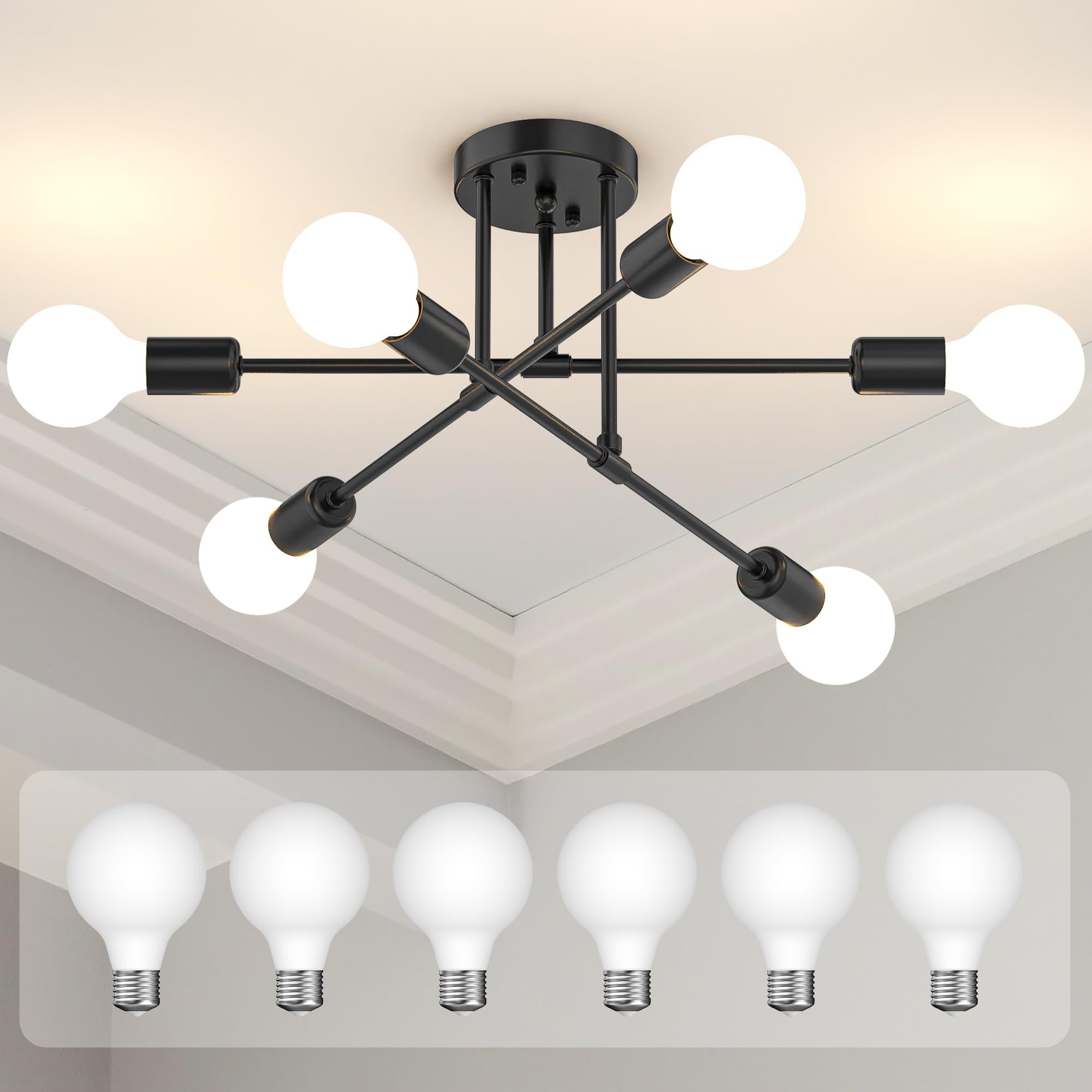 Photo 1 of Phaosio Modern Sputnik Chandelier with 6 Globe Light Bulbs, 22" Semi Flush Mount Ceiling Light Fixture, 6-Light Mid Century Lighting for Dining Room, Bedroom, Living Room