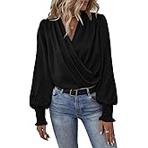 Umimore Women Fall Silk Satin Tops V Neck Wrap Lantern Long Sleeves Shirts Office Work Tunic Tops Elegant Blouse