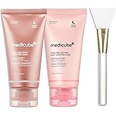 medicube Pink Glow Wrapping Mask Duo: Collagen Overnight Wrapping Peel Off Facial Mask Pack and PDRN Caffeine Overnight Wrapping Peel Off Facial Mask and brush