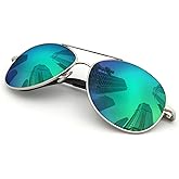 J+S Premium Military Style Classic Aviator Sunglasses, Polarized, 100% UV protection for Men Women (Large Frame - Silver Frame/Green Mirror Lens)