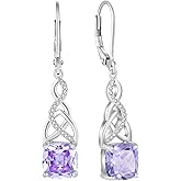 Lwsary Infinity Celtic Knot Dangle Drop Earrings 925 Sterling Silver Princess Cut Leverback Earrings with Birthstone Irish Jewelry Gifts for Women
